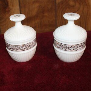 Vintage Avon White milk glass & Gold Pedestal Jar - Lid becomes base - Set of 2